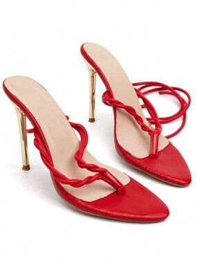 Red Snakeskin Thong Sandals Lace-Up Gold Heels